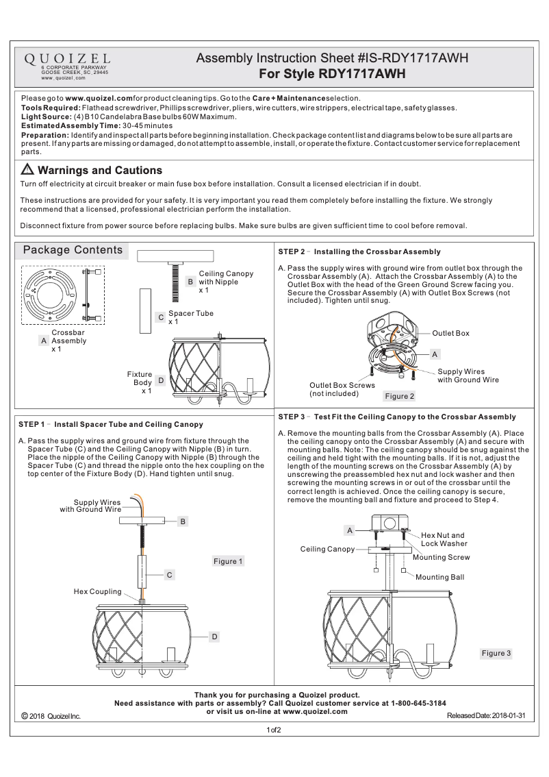 Page 1 de la notice Manuel utilisateur Quoizel Dury RDY1717AWH