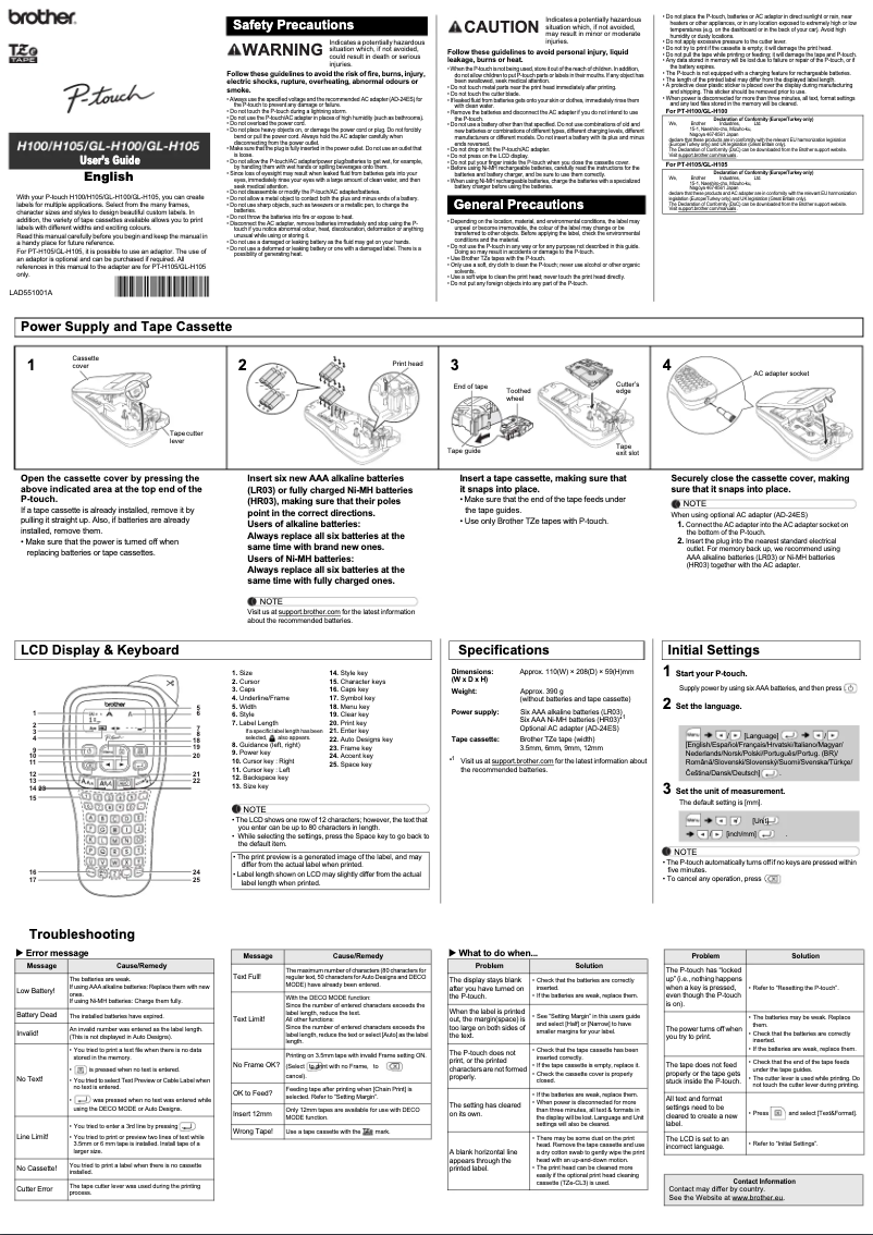 Image de la première page du manuel de l'appareil P-Touch GL-H105
