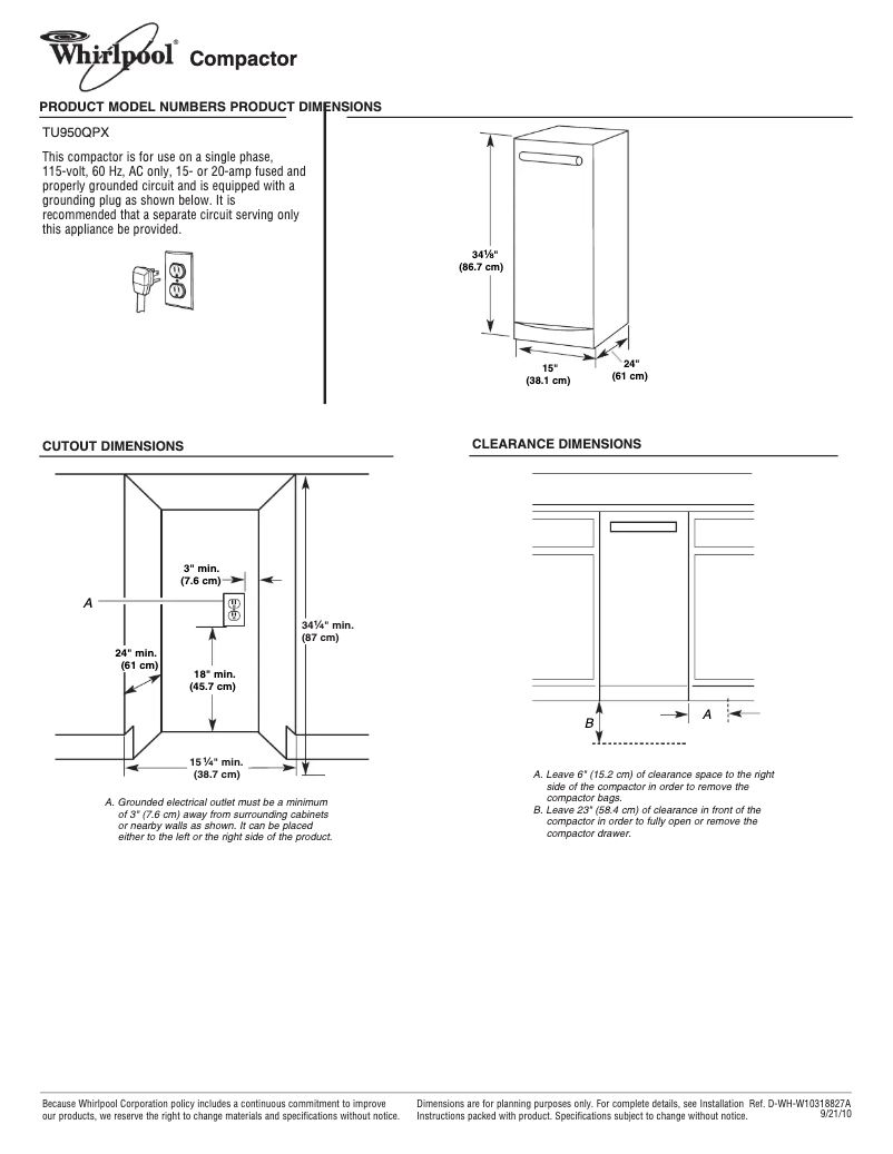 Page 1 de la notice Fiche technique Whirlpool TU950QPX