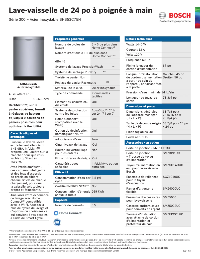 Page 1 de la notice Fiche technique Bosch SHS53C75N