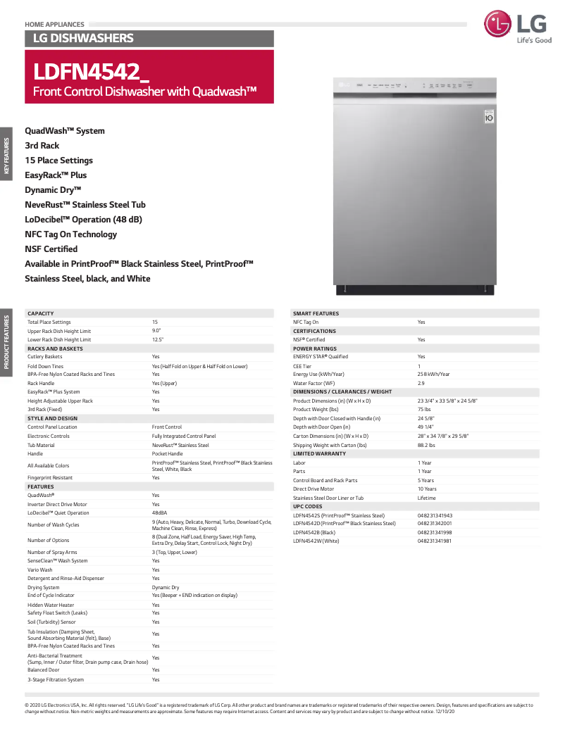 Page 1 de la notice Fiche technique LG LDFN4542B