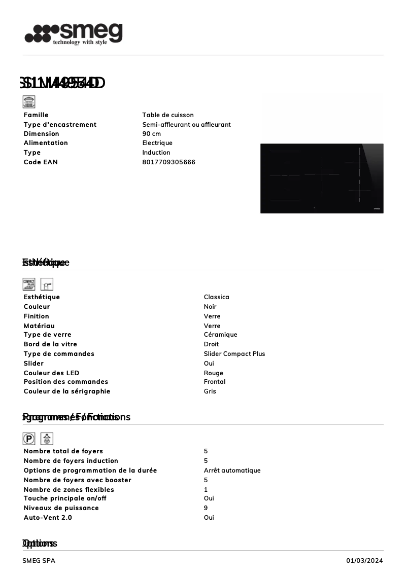 Page n°1 - Fiche technique Smeg SI1M4954D