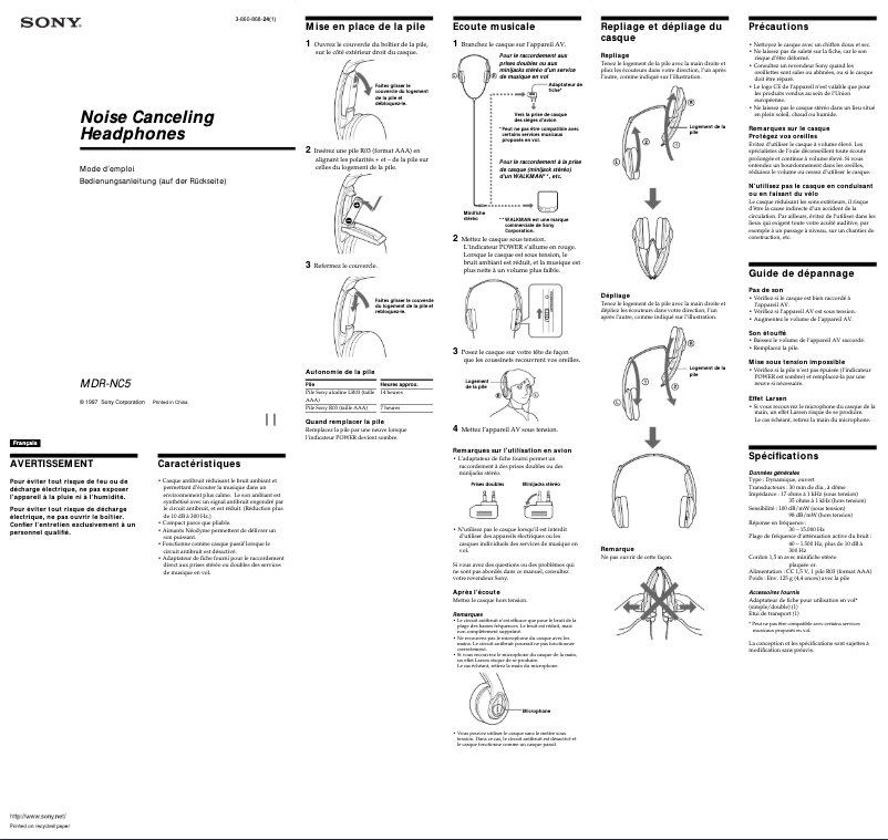 Page 1 de la notice Manuel utilisateur Sony MDR-NC5
