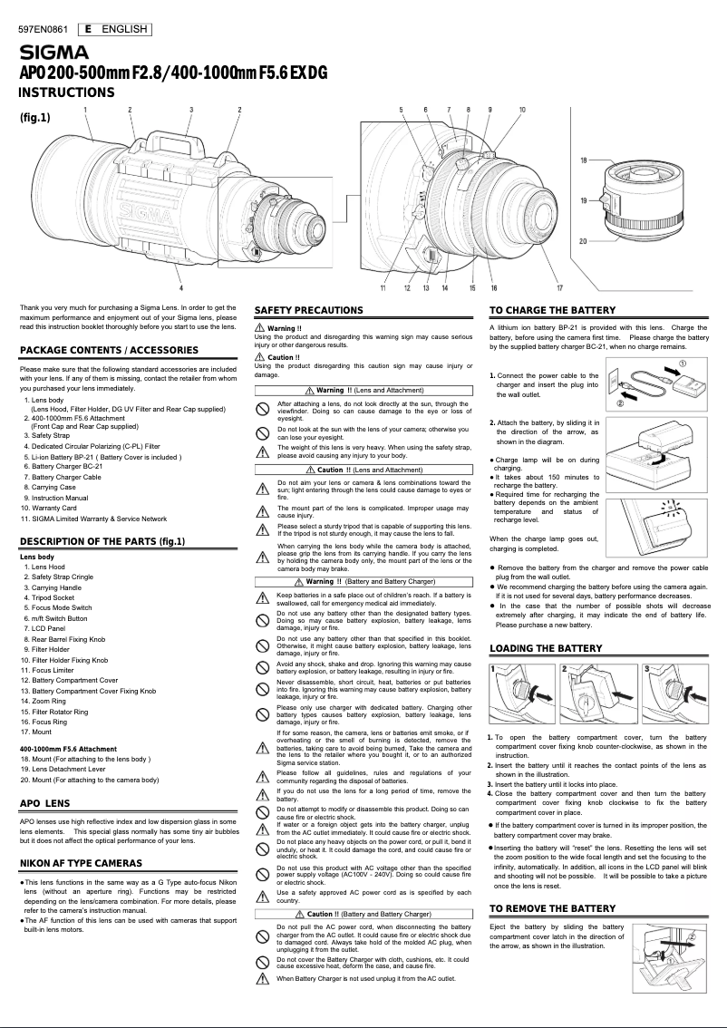 Page 1 de la notice Manuel utilisateur Sigma 400-1000mm F5.6EXDG