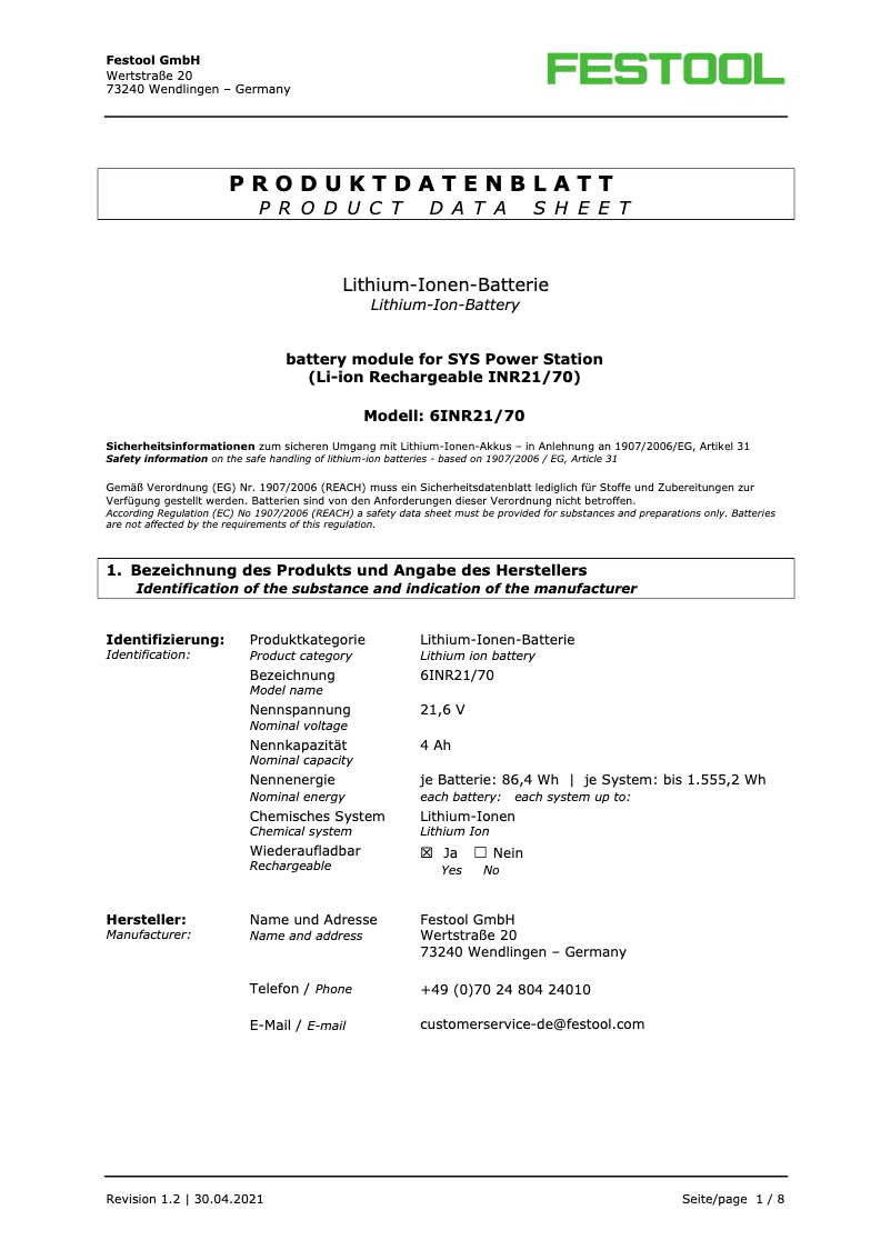 Page 1 de la notice Fiche technique Festool SYS-PST 1500 Li HP