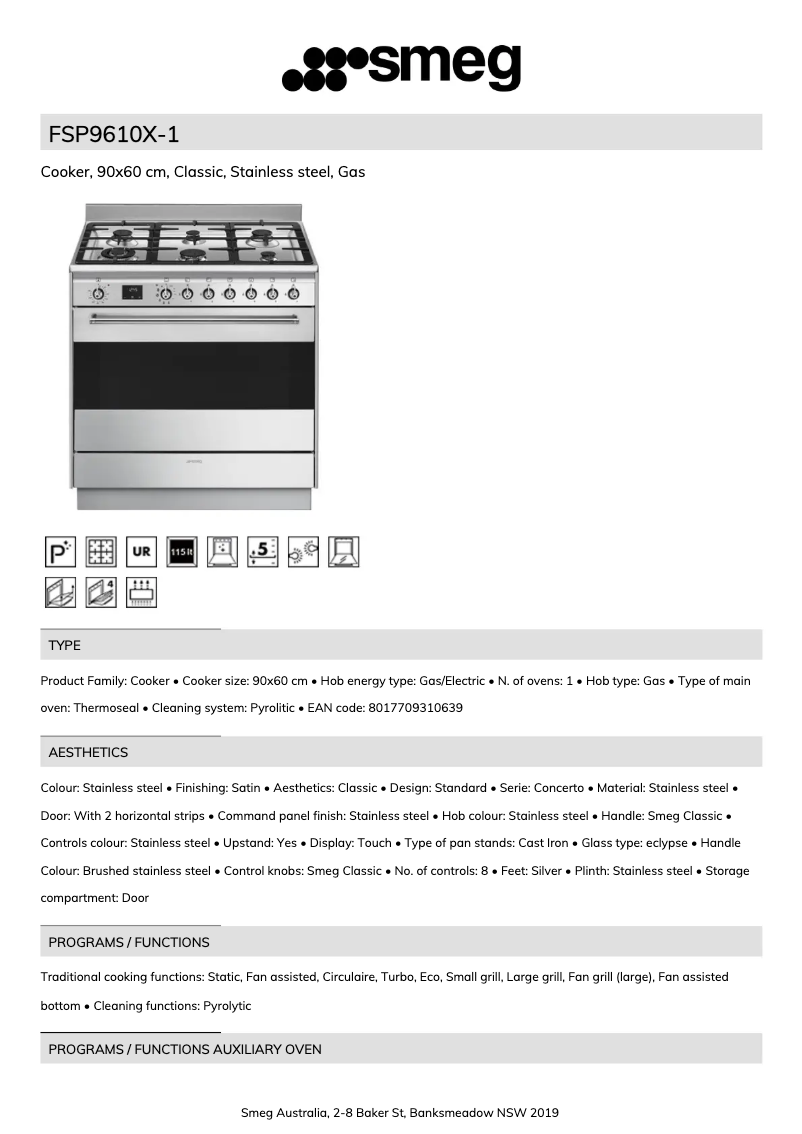 Page 1 de la notice Fiche technique Smeg FSP9610X1