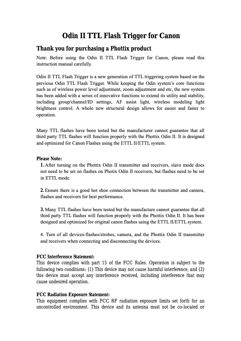 Page 1 de la notice Manuel utilisateur Phottix Odin II