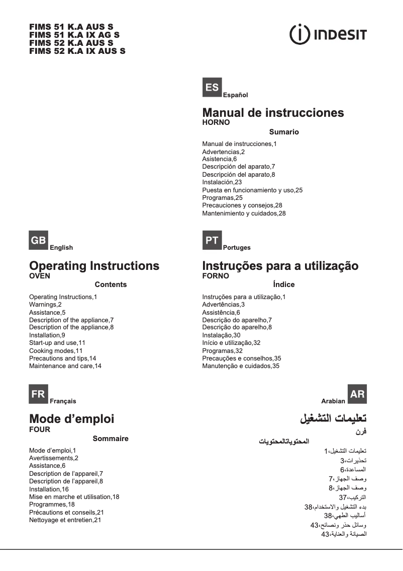 Page 1 de la notice Manuel utilisateur Indesit FIMS 52 K.A IX AUS S