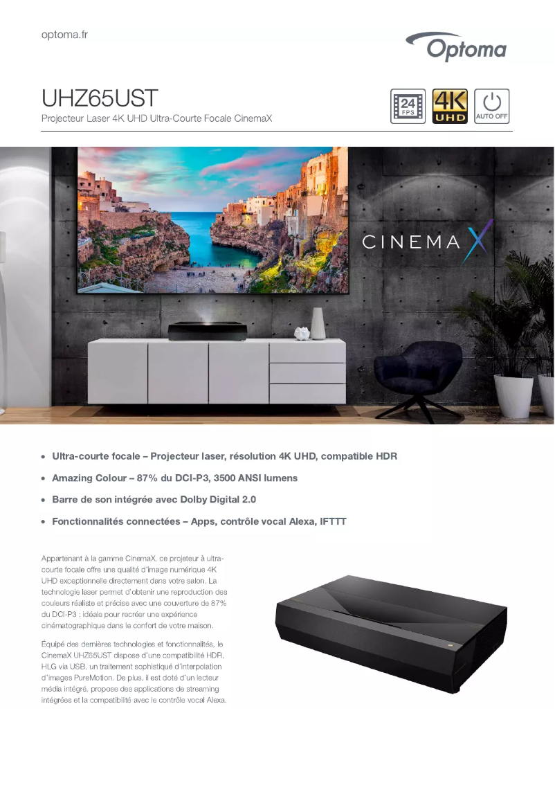 Page 1 de la notice Fiche technique Optoma UHZ65UST