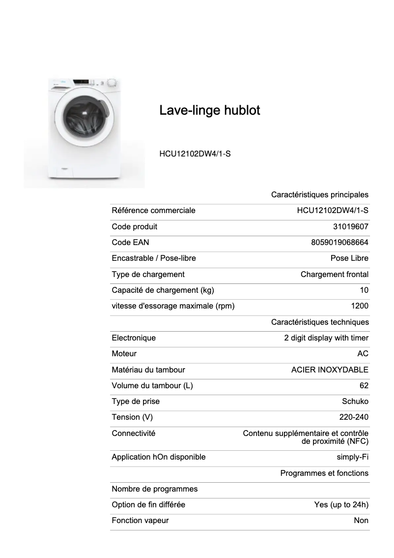 Page 1 de la notice Fiche technique Candy HCU12102DW4/1-S