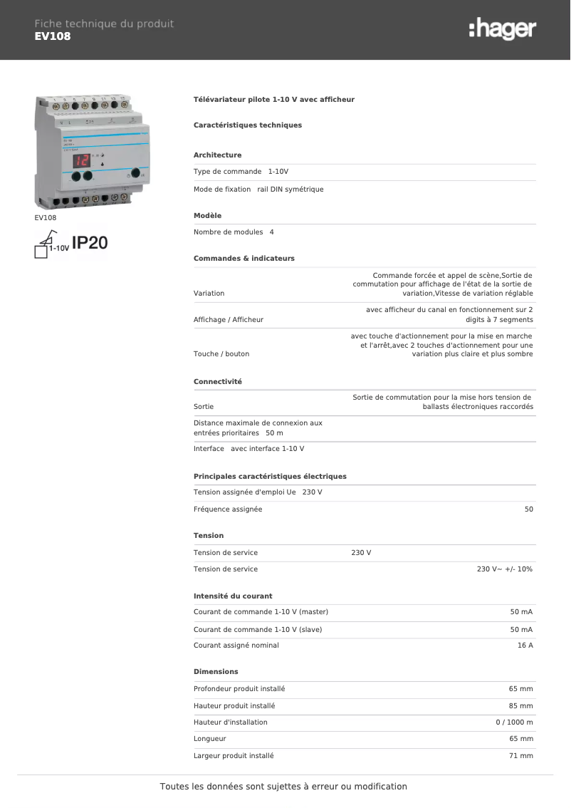 Page n°1 - Fiche technique Hager EV108