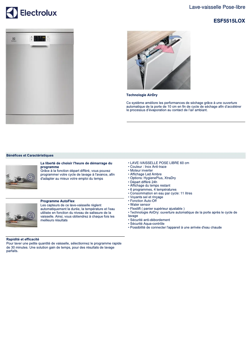 Page 1 de la notice Fiche technique Electrolux ESF5515LOX