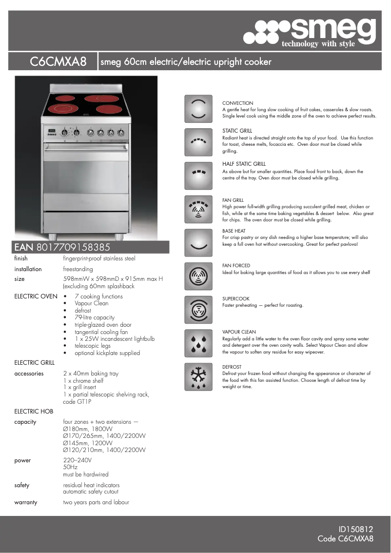 Page 1 de la notice Fiche technique Smeg C6CMXA8