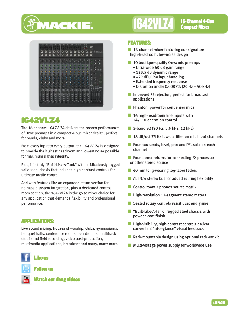 Page 1 de la notice Fiche technique Mackie 1642VLZ4