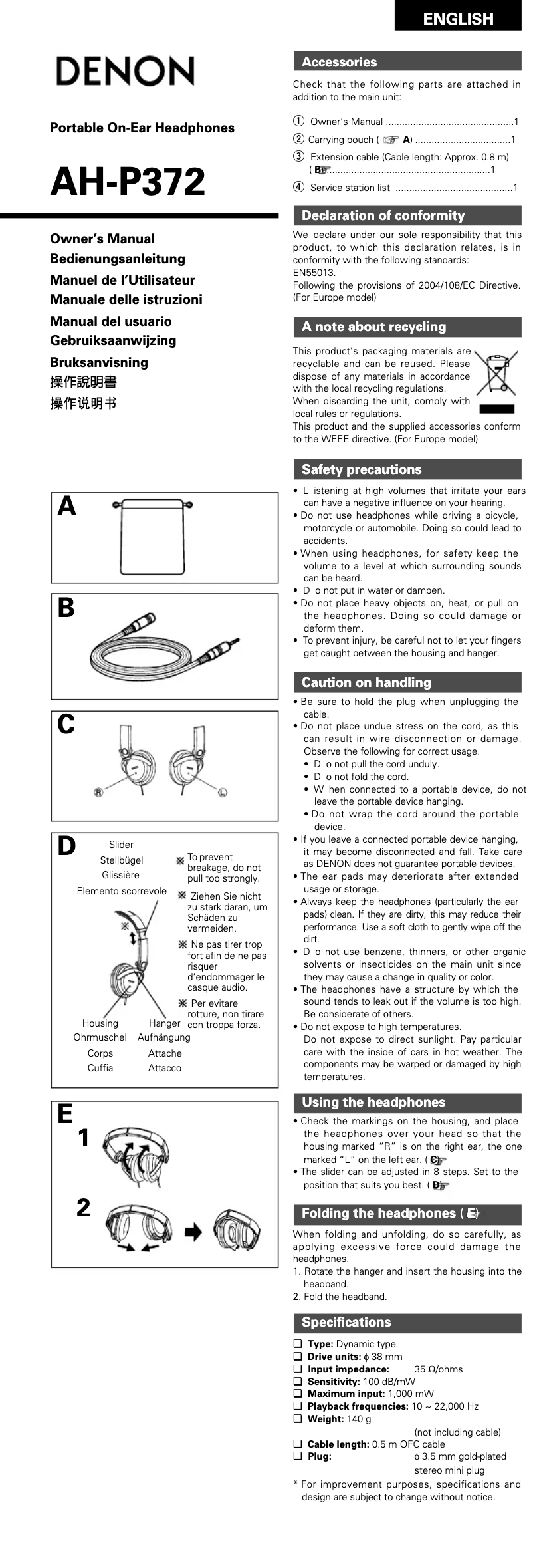 Page n°1 - Manuel utilisateur Denon AH-P372W