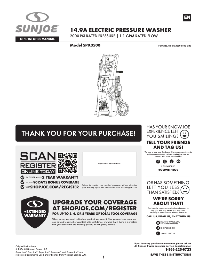Page 1 de la notice Manuel utilisateur Sun Joe SPX3500