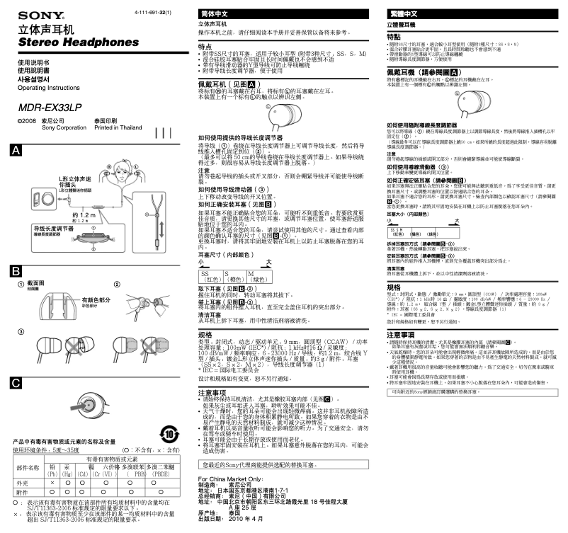 Page n°1 - Manuel utilisateur Sony MDR-EX33LP