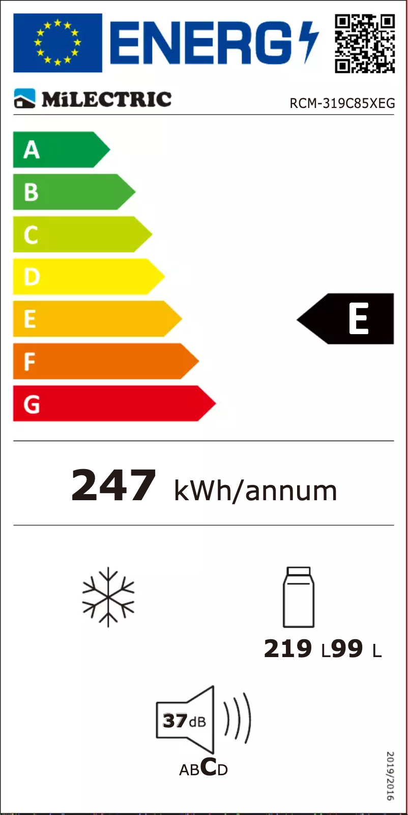 Page 1 de la notice Label énergétique Milectric RCM-319C85XEG