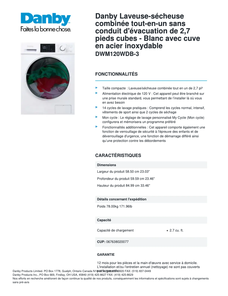 Page 1 de la notice Fiche technique Danby DWM120WDB-3
