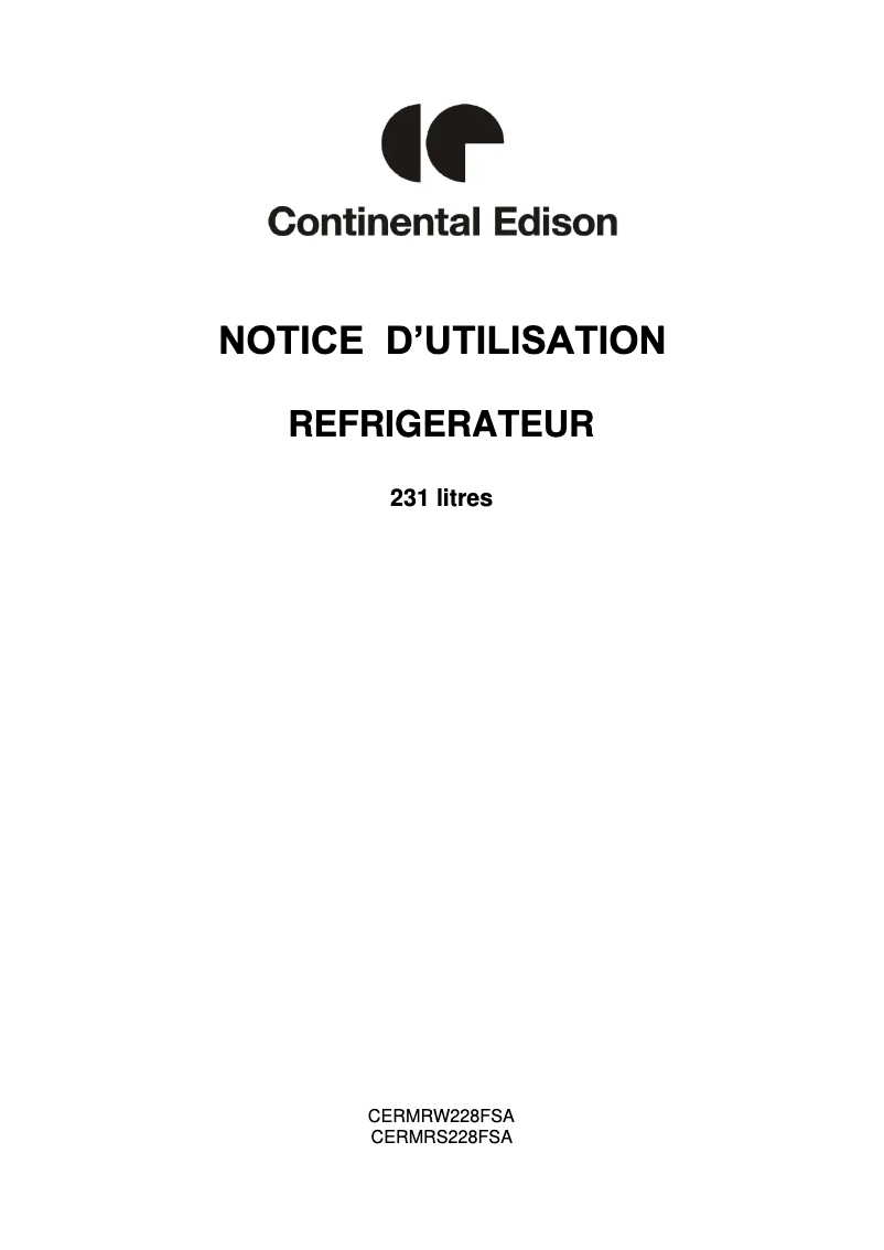 Page 1 de la notice Manuel utilisateur Continental Edison CERMRW228FSA