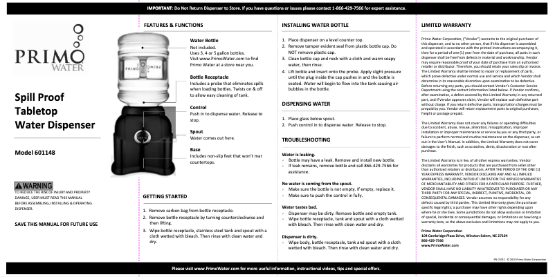 Page 1 de la notice Manuel utilisateur Primo Water Home 601148