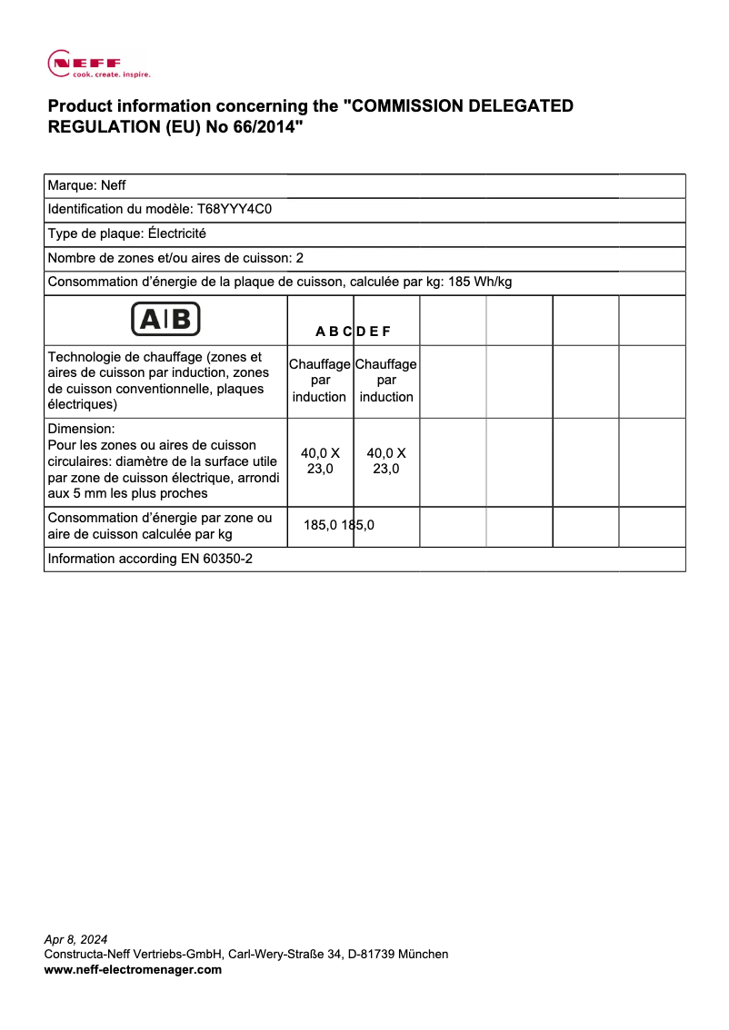 Page 1 de la notice Fiche technique Neff T68YYY4C0
