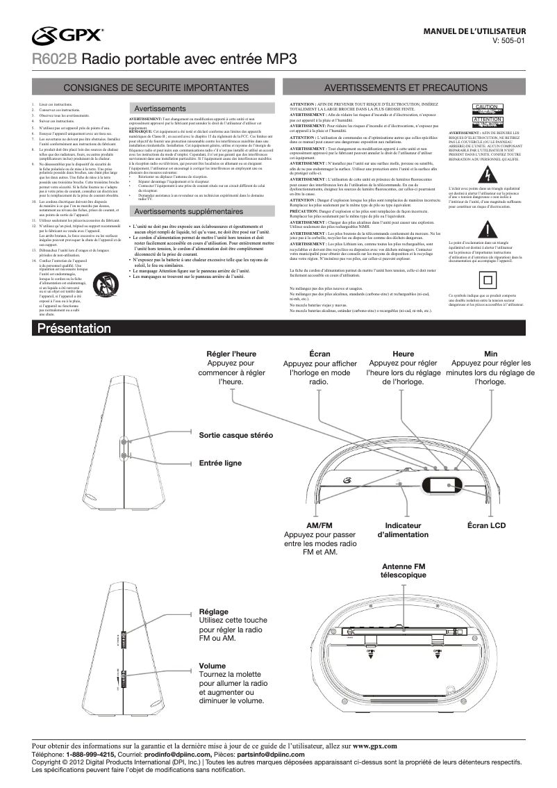 Page 1 de la notice Manuel utilisateur GPX R602B