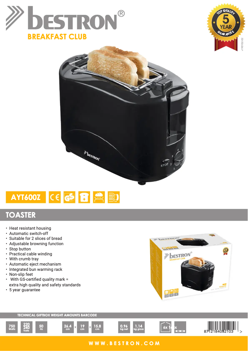 Page 1 de la notice Fiche technique Bestron AYT600Z