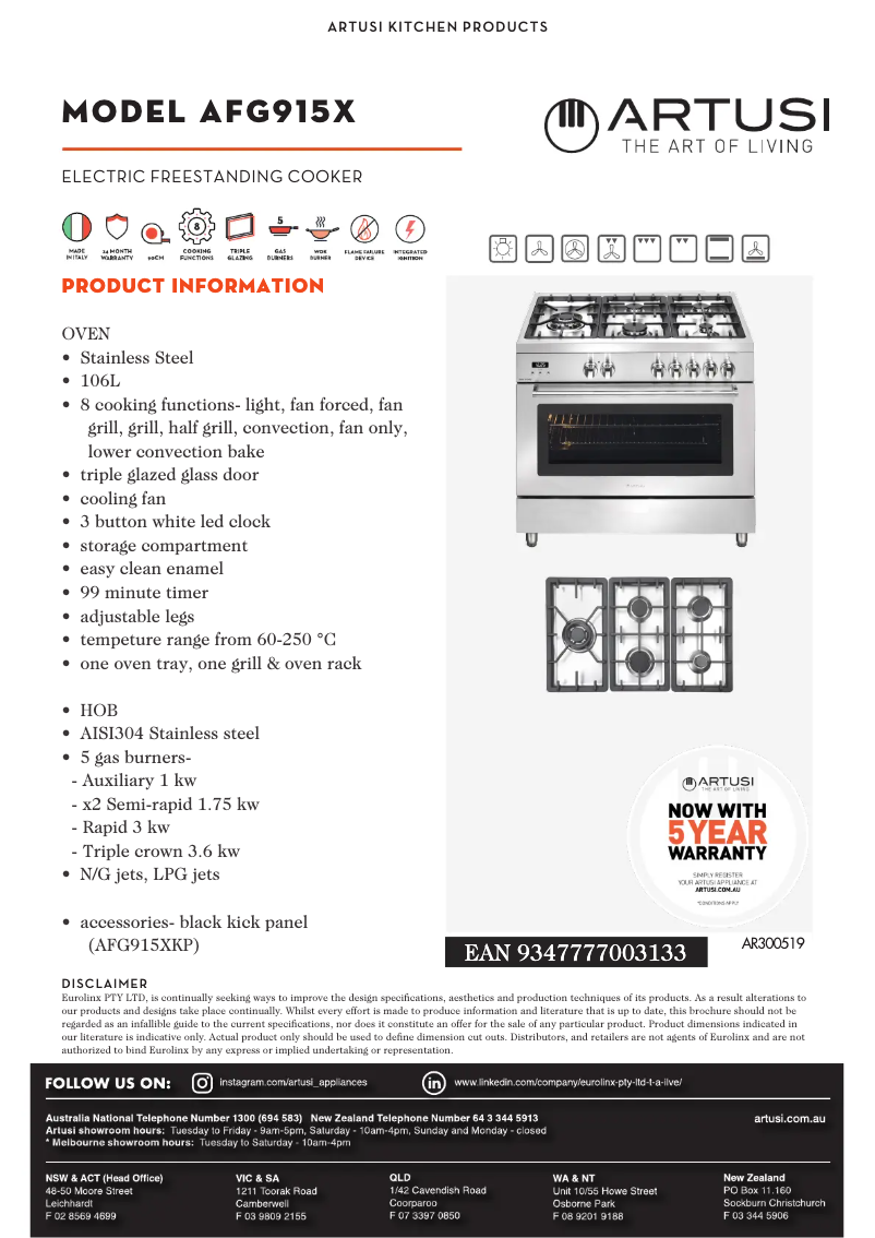 Page 1 de la notice Fiche technique Artusi AFG915X