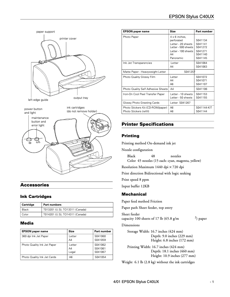 Page 1 de la notice Manuel utilisateur Epson Stylus C40S