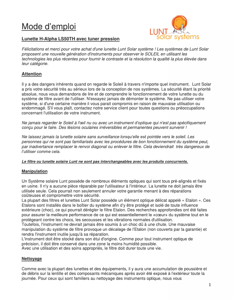 Page 1 de la notice Manuel utilisateur Lunt Solar Systems LS50THa