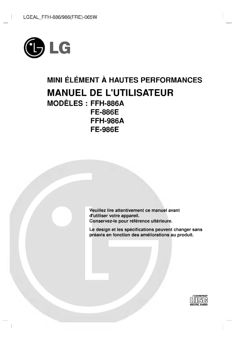 Page 1 de la notice Manuel utilisateur LG FFH-886A