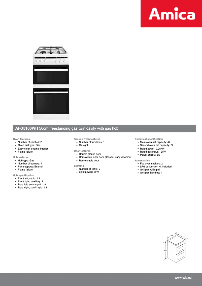 Página 1 del manual Ficha técnica Amica AFG5100WH