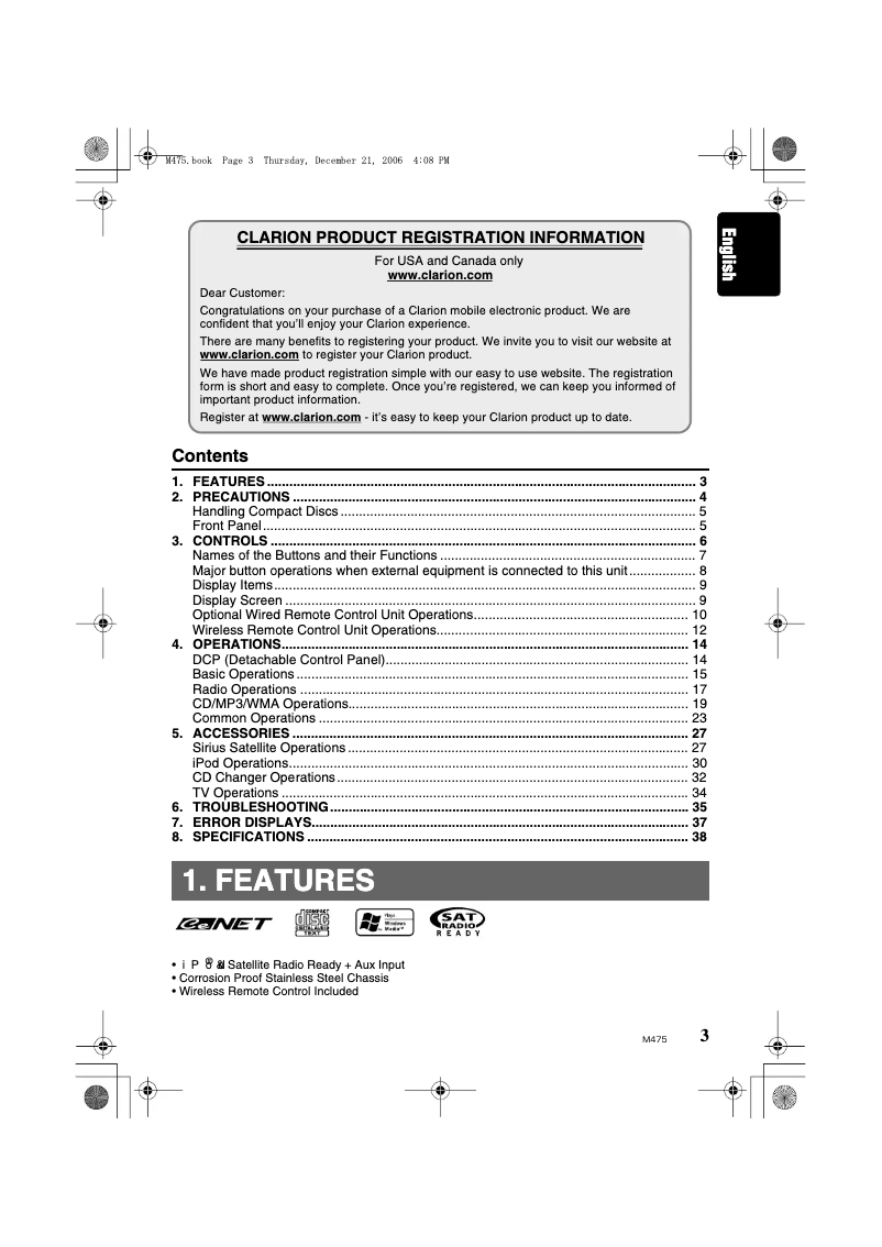 Page n°1 - Manuel utilisateur Clarion M475