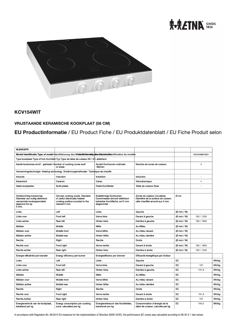 Page n°1 - Fiche technique Etna KCV154WIT
