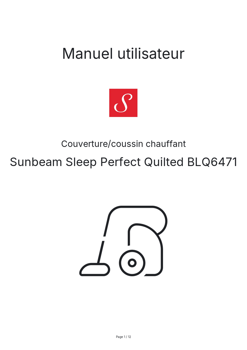 Page n°1 - Manuel utilisateur Sunbeam Sleep Perfect Quilted BLQ6471