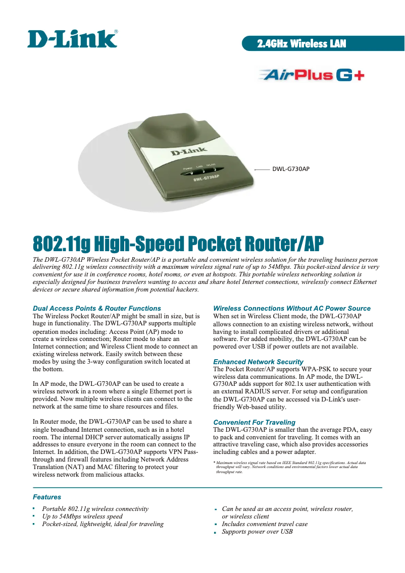 Image de la première page du manuel de l'appareil DWL-G730AP