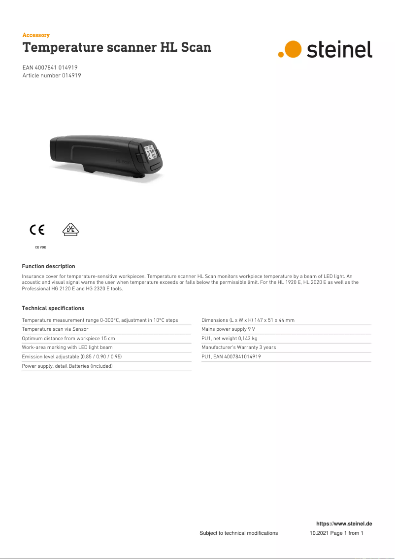 Page 1 de la notice Fiche technique Steinel HL Scan