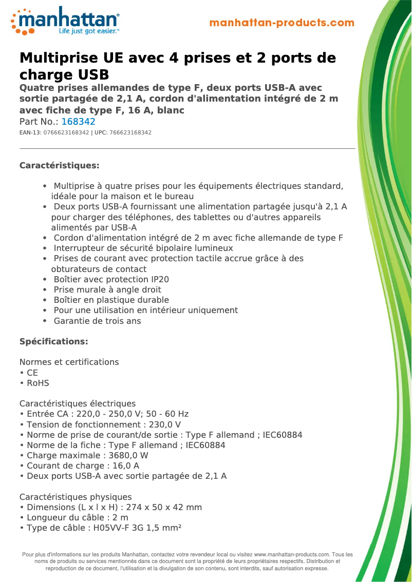 Page 1 de la notice Fiche technique Manhattan 168342