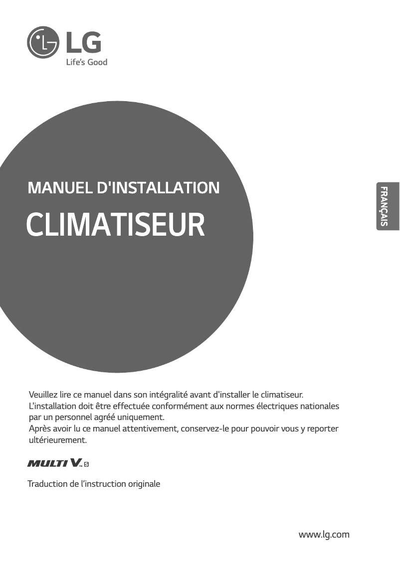 Page 1 de la notice Guide d'installation LG MULTI V ARUN040GSS0
