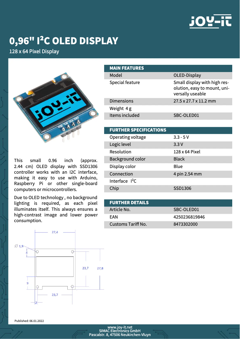 Page n°1 - Fiche technique Joy-It SBC-OLED01