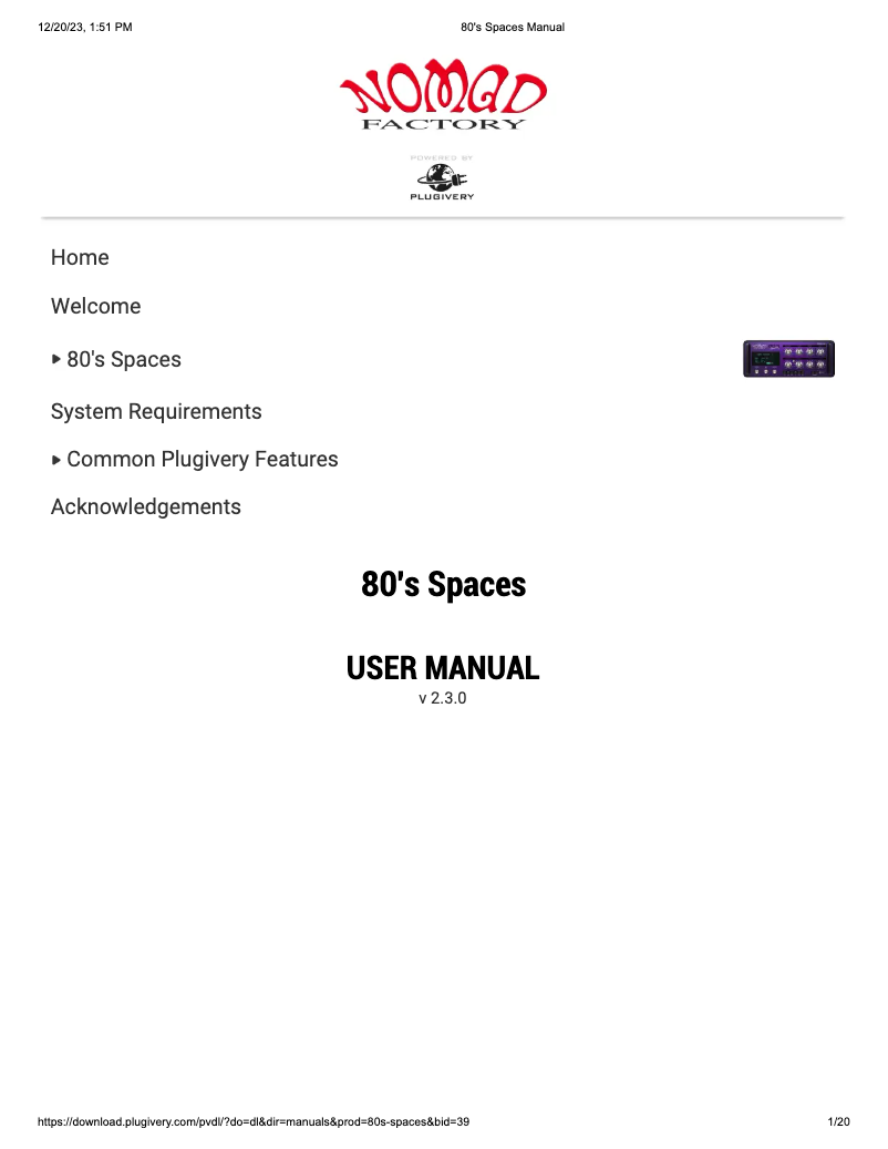Imagen de la primera página del manual del dispositivo 80s Spaces