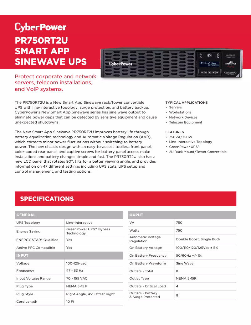 Page 1 de la notice Fiche technique CyberPower Smart App PR750RT2U