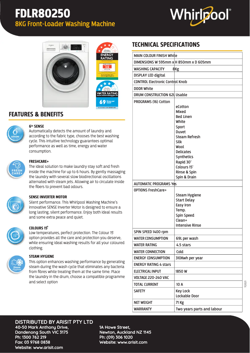 Página 1 del manual Ficha técnica Whirlpool FDLR80250