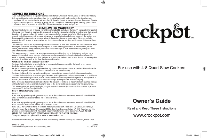 Page n°1 - Manuel utilisateur Crock-Pot SCV800-BP-BR