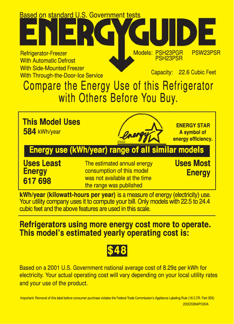 Page 1 de la notice Label énergétique GE Profile CustomStyle PSH23PGRBB