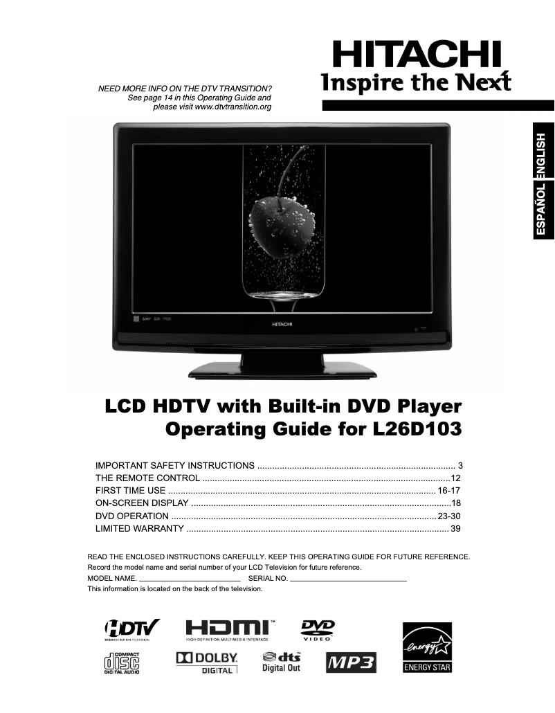 Page n°1 - Manuel utilisateur Hitachi L26D103