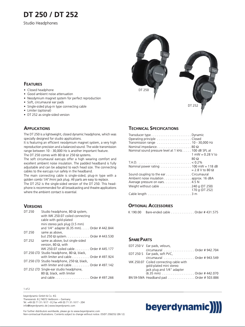 Page 1 de la notice Fiche technique Beyerdynamic DT 252