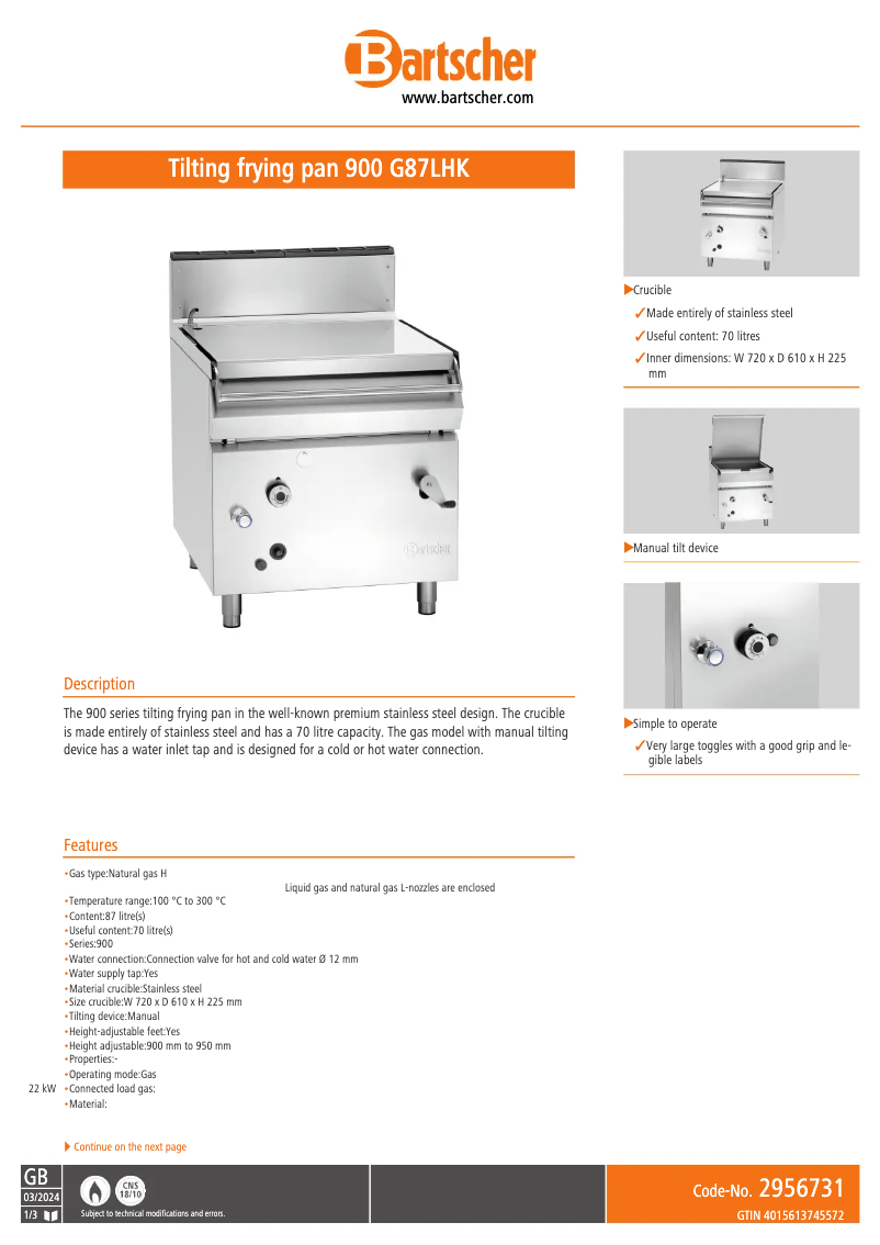 Page 1 de la notice Fiche technique Bartscher 900 G87LHK