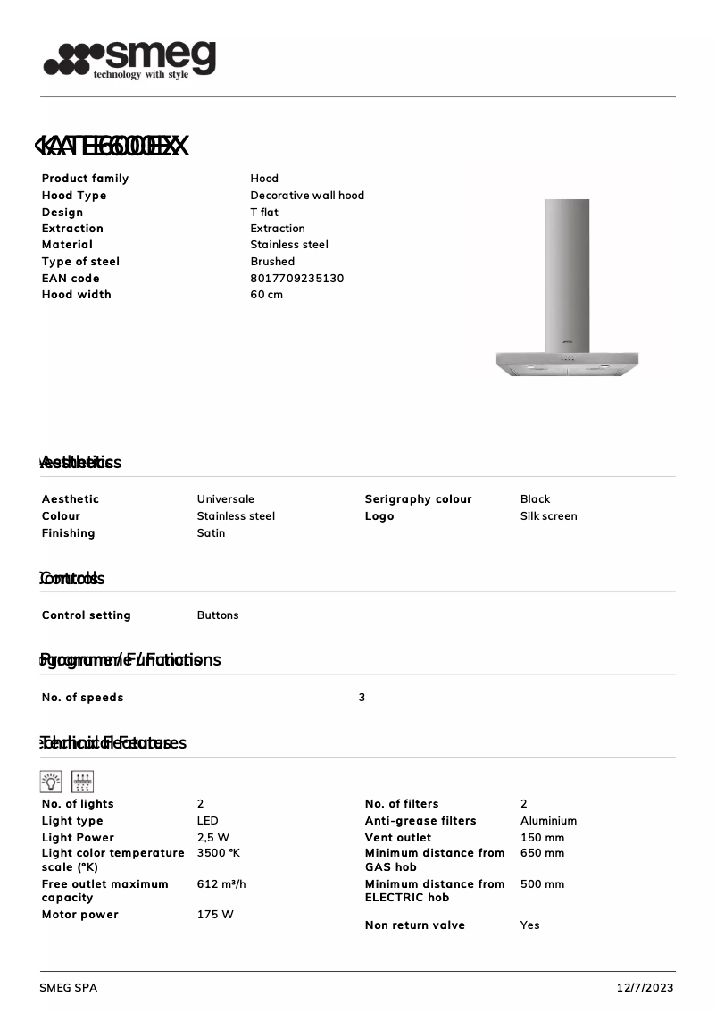 Page 1 de la notice Fiche technique Smeg KATE600EX
